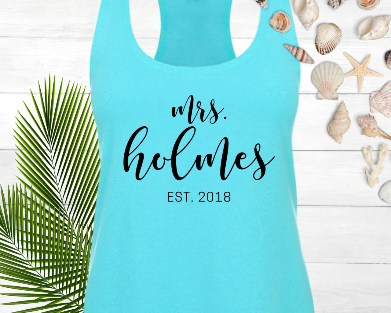 Personalized Mrs Tank Top, Racerback, Custom Date And Name, Newlyweds, Bride Shirt, Just Married, Wedding Gift, Bridal Shower, Engagement