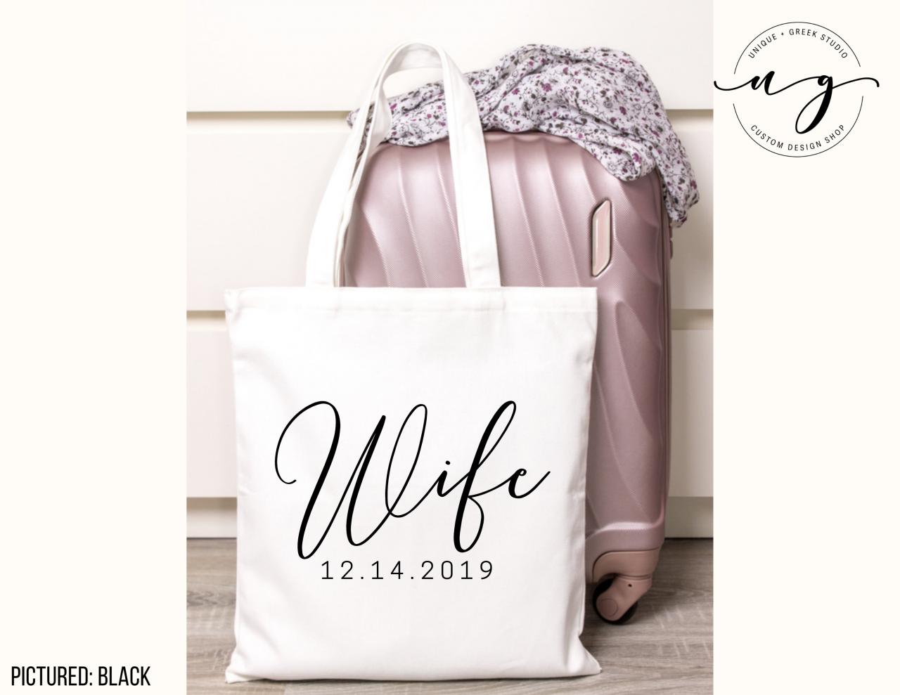 Personalized Wife Tote | Custom Bride Canvas Bag | Wedding Date | Gold Foil Glitter Metallic | Year Est | Engagement | Bridal Shower Gift