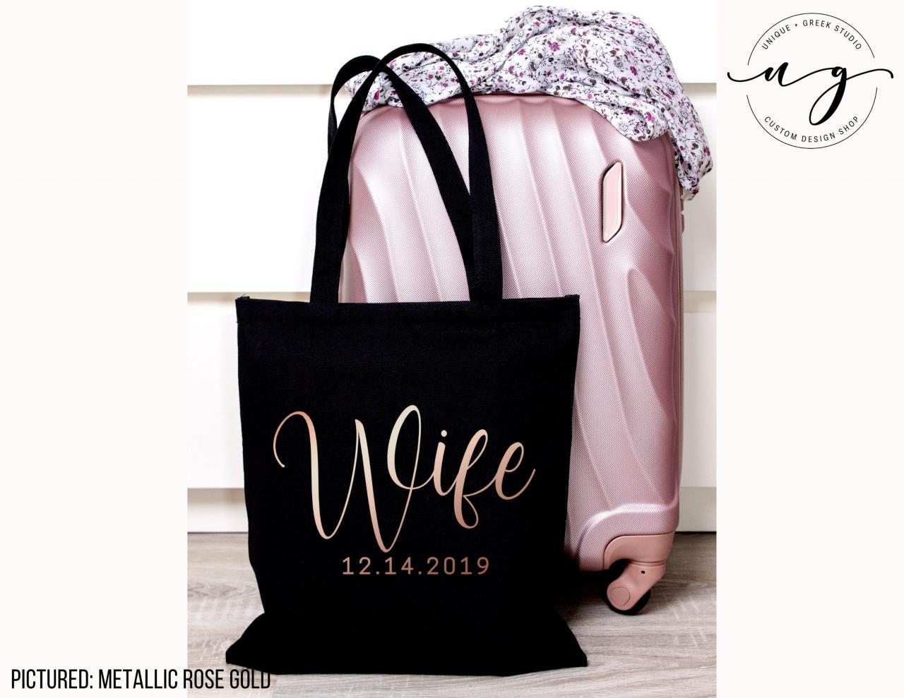 Personalized Wife Tote | Custom Bride Canvas Bag | Wedding Date | Gold ...