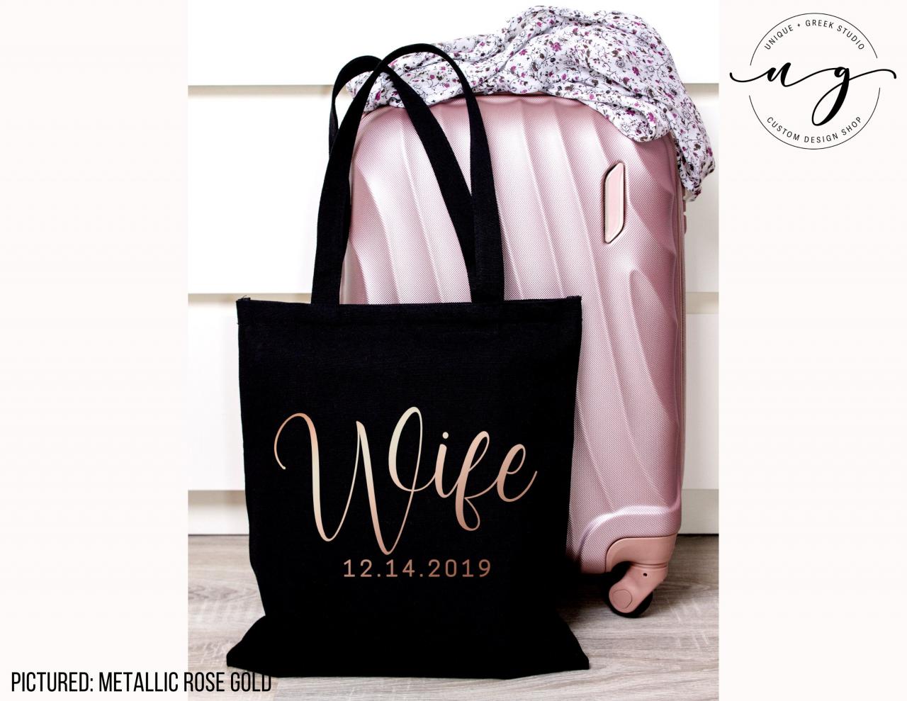 Personalized Wife Tote | Custom Bride Canvas Bag | Wedding Date | Gold Foil Glitter Metallic | Year Est | Engagement | Bridal Shower Gift