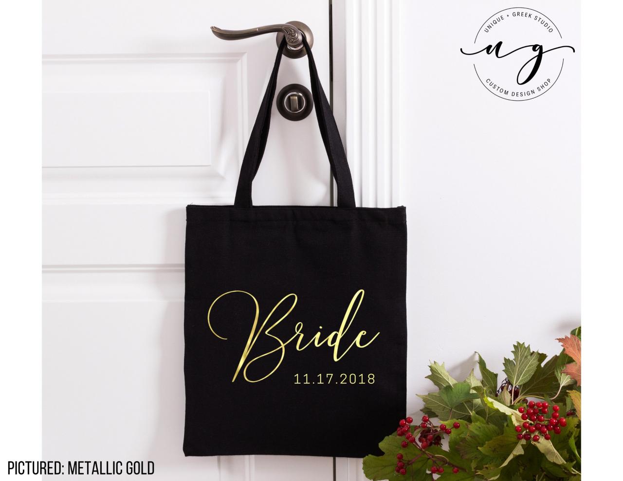 Personalized Bride Tote | Mrs Canvas Bag | Wedding Date | Foil Glitter Metallic | Gold, Rose Gold, Silver | Engagement | Bridal Shower Gift