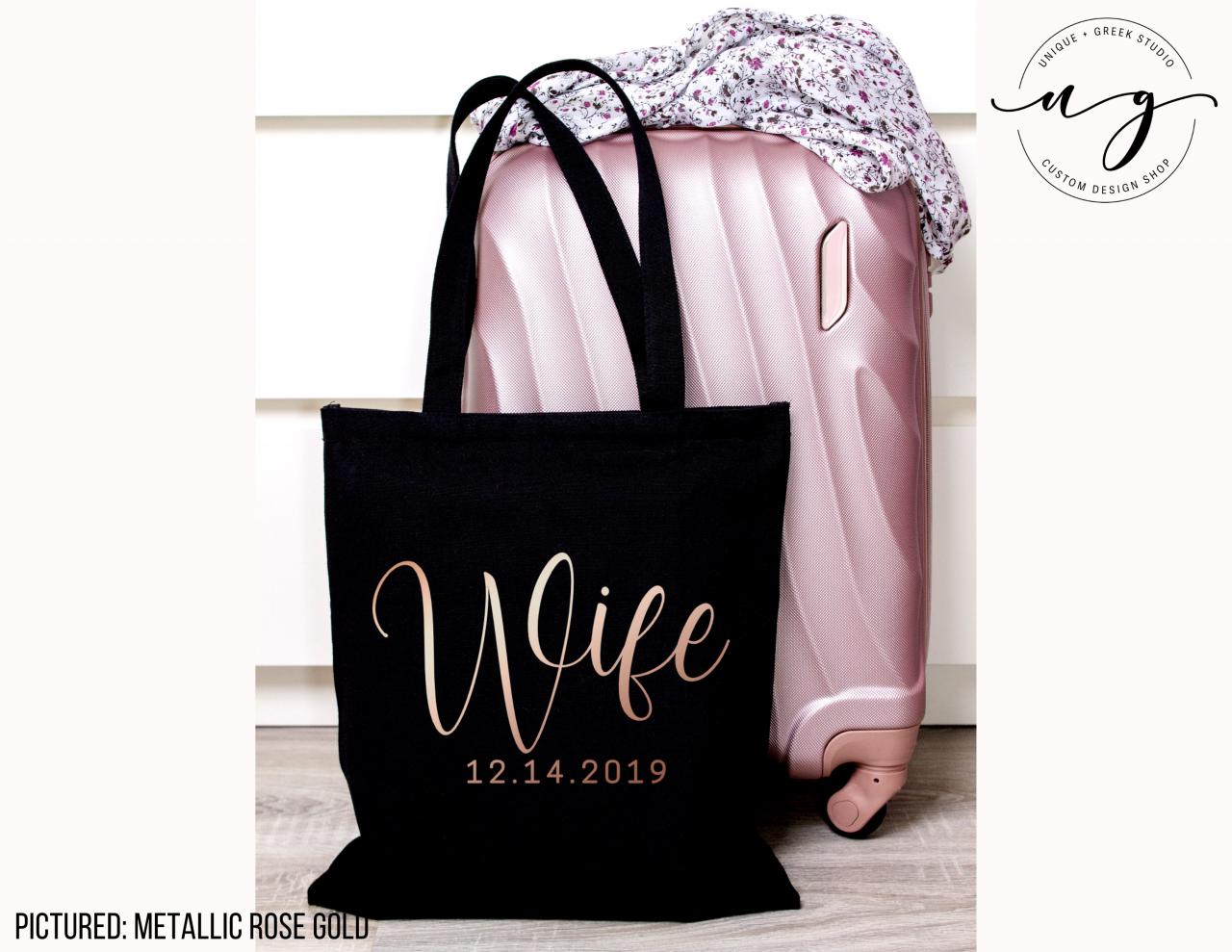 Personalized Wife Tote | Custom Bride Canvas Bag | Wedding Date | Gold Foil Glitter Metallic | Year Est | Engagement | Bridal Shower Gift.