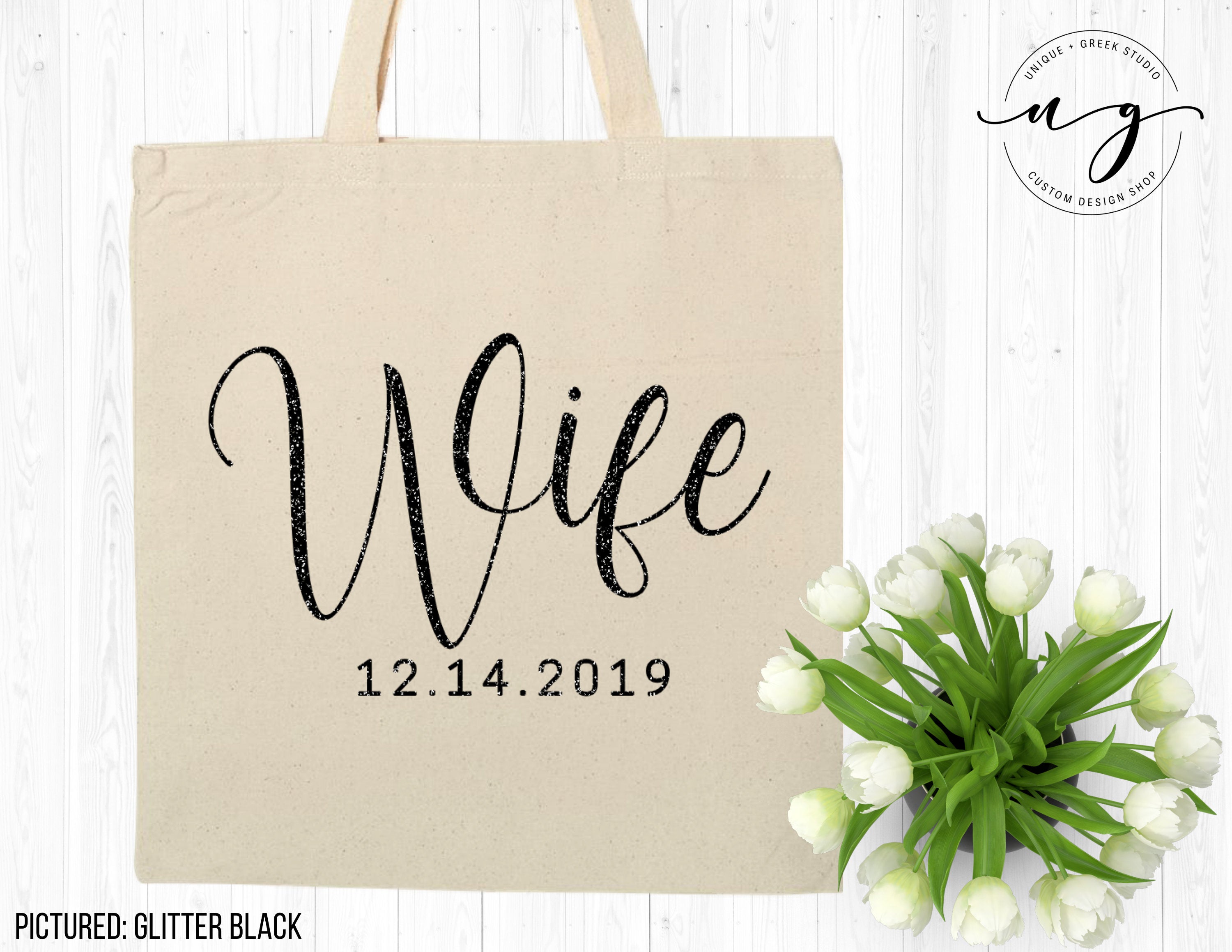 Personalized Wife Tote | Custom Bride Canvas Bag | Wedding Date | Gold ...